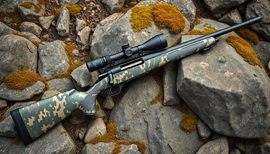 Custom Tikka T3x rifle in camo on rocky terrain.