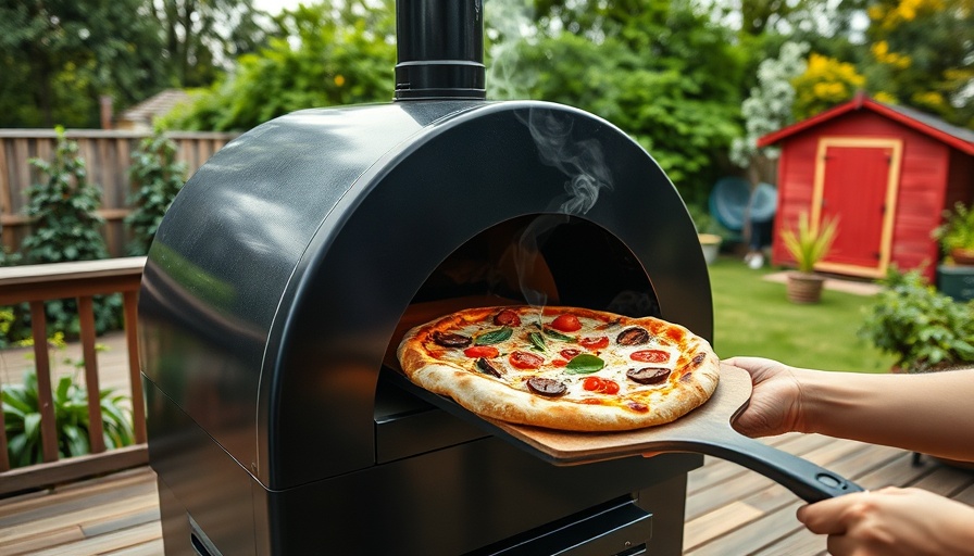 Modern outdoor pizza oven on a wooden deck in a garden setting.