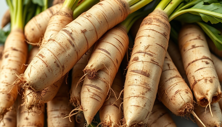 Freshly harvested horseradish roots, close-up view.