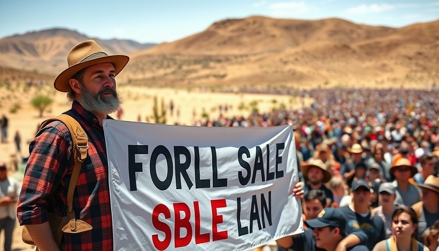 Protest against public land sale plan with desert backdrop.