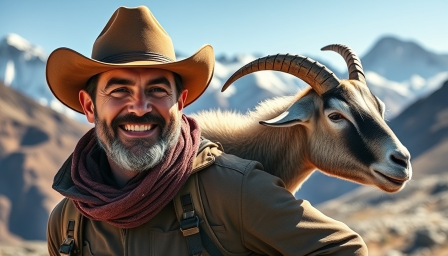 Rugged man carries mountain goat after hunt in snowy mountains.