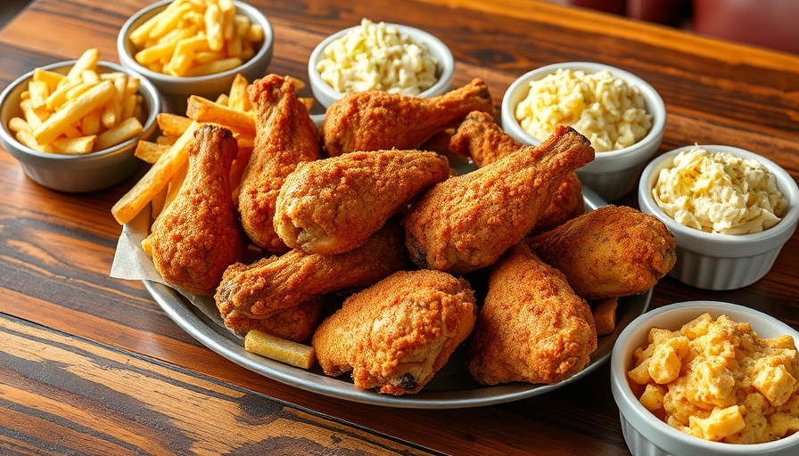 Kukuruku Fried Chicken in Memphis with sides and sauces on a wooden table.