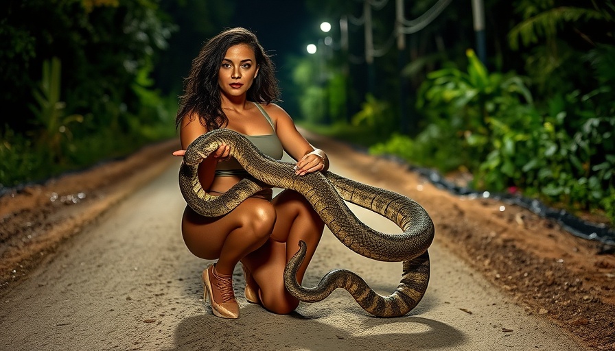 Confident woman holding python during Florida Python Challenge at night.