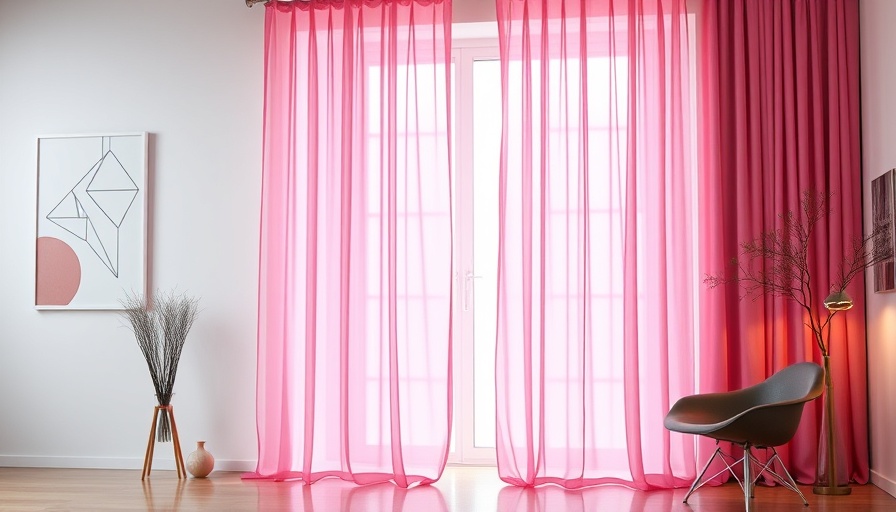 Modern room with colorful lightweight curtains and geometric art.