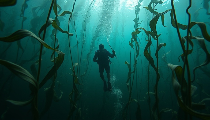 Spearfisher hunting in kelp forest underwater