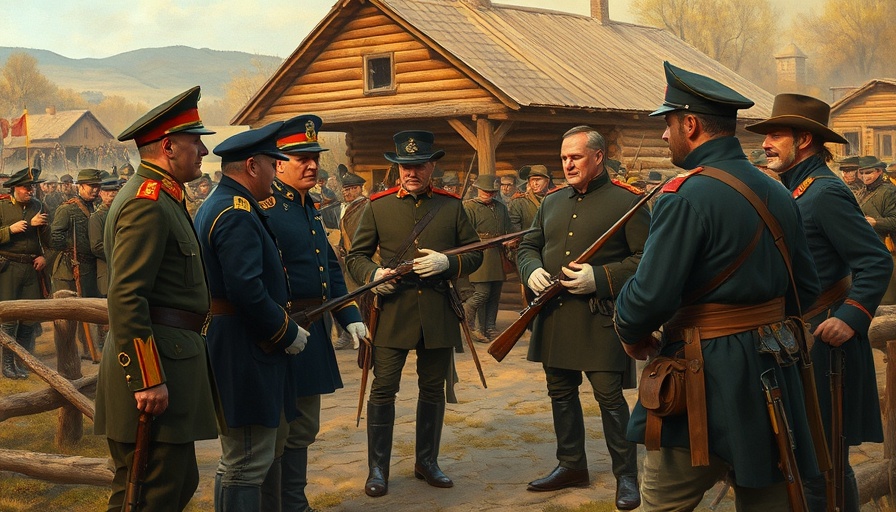 Historical negotiation scene in a fort illustrating early firearms ownership.
