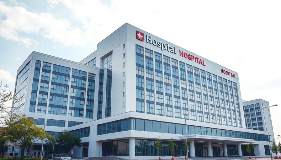 Modern hospital building showcasing architecture under a cloudy sky.