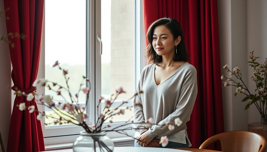 Woman embracing wellness in home design by window with flowers.