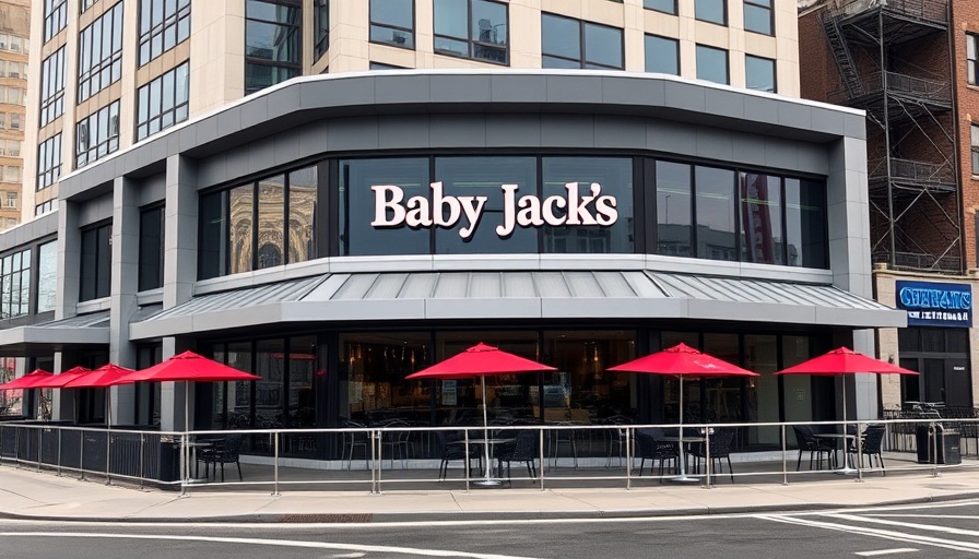 Exterior of Baby Jack's restaurant, closed, cloudy day.