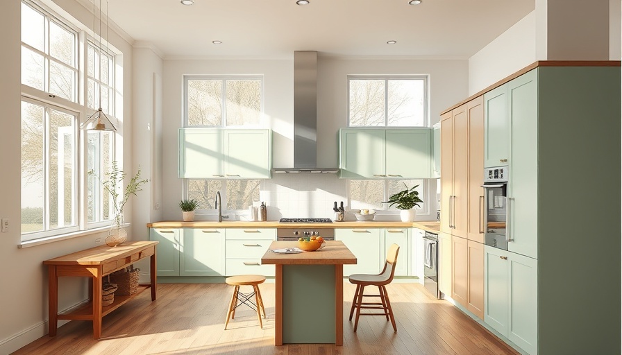 Modern kitchen with green cabinets and wood accents for home design.