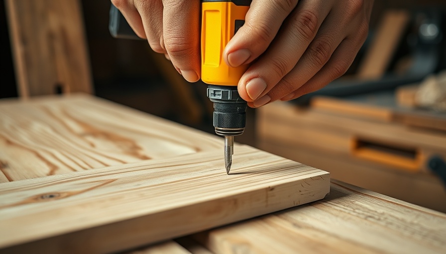 Power drill in action on wood plank in a workshop setting for a drill bits and materials guide.