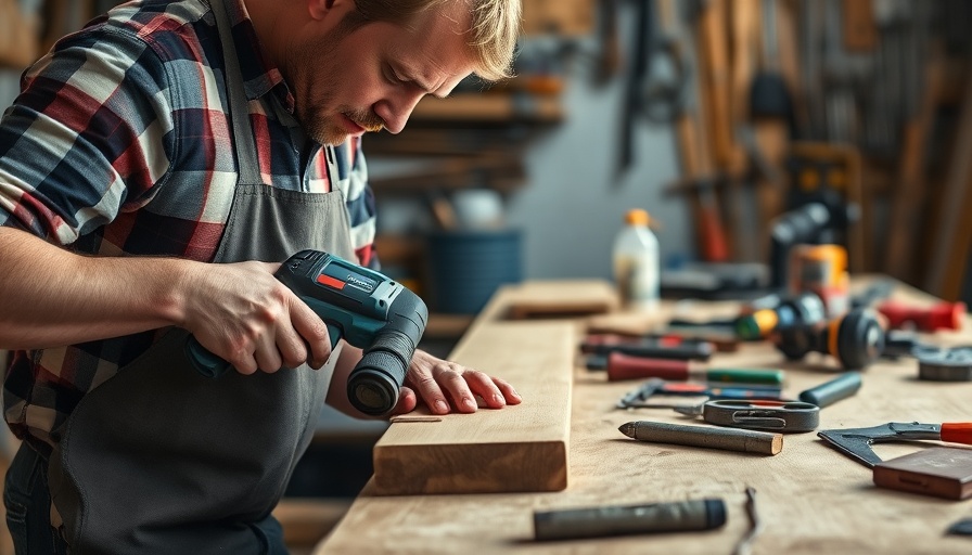 Craftsman using electric drill on wood board in workshop.