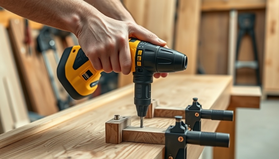 Hands using a drill on a clamped wooden plank in a workshop.