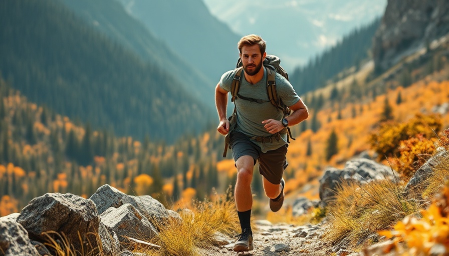 Male hiker running on a mountain trail amid stunning scenery.