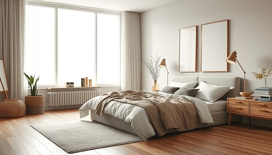 Minimalist modern bedroom with rustic accents and large window.