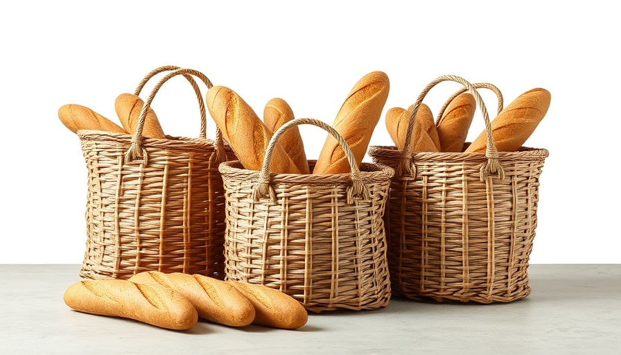 Woven French market totes with baguette on neutral background.