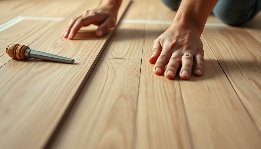Hands repairing vinyl plank flooring with precision tools.
