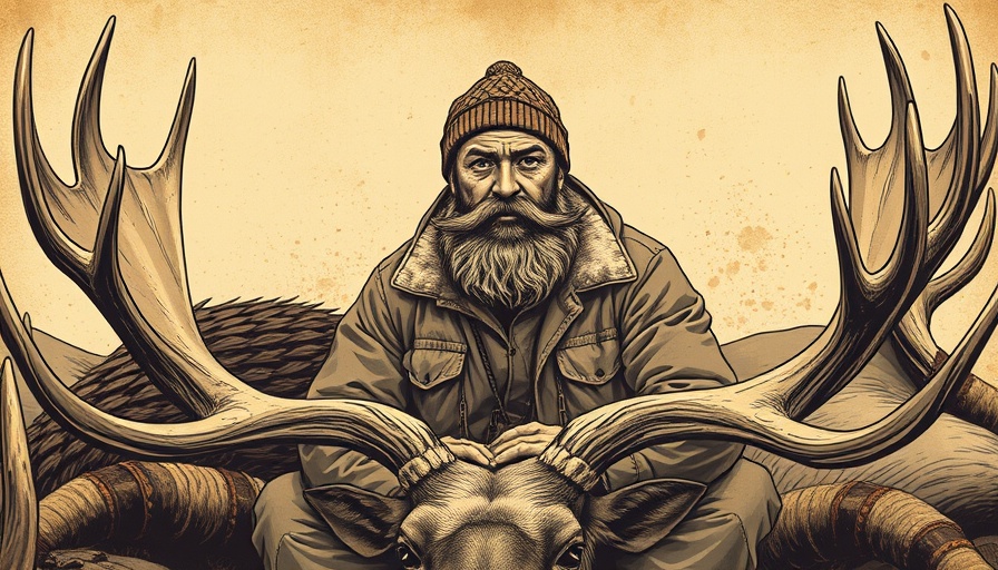 Illustration of a hunter with a moose depicting outdoor living.