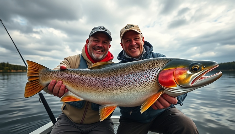 Fishermen with Michigan Lake Trout on a boat with lake backdrop.