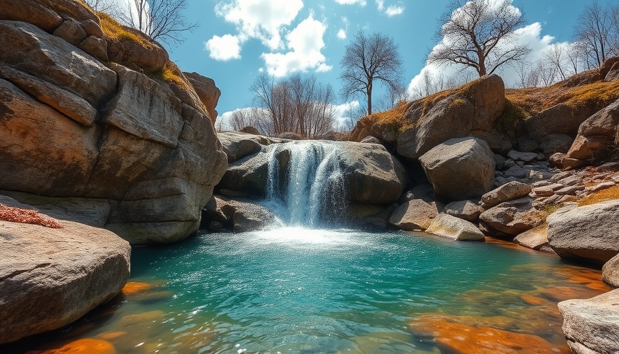 Rocky waterfall and turquoise pond in Arkansas state park.