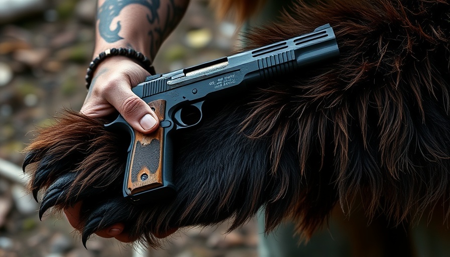 Alaskans Stop Charging Grizzly scene with bear paw and handgun.
