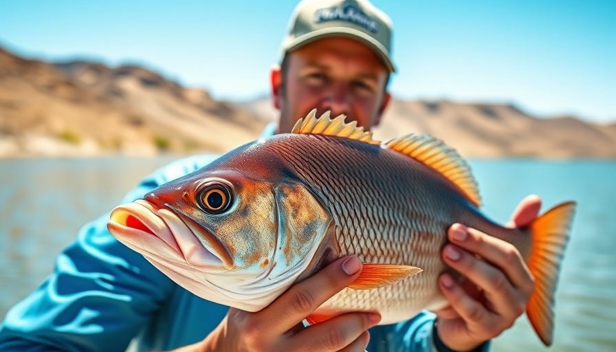 Man holds large Redear Sunfish at desert lake for Arizona Redear Sunfish Record.