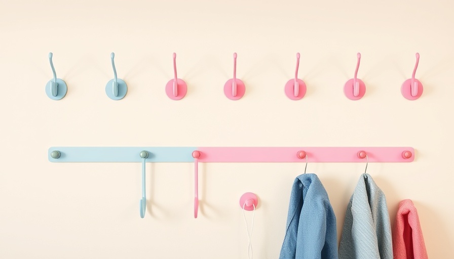 Colorful home hooks on a cream wall, holding keys and a tote bag.