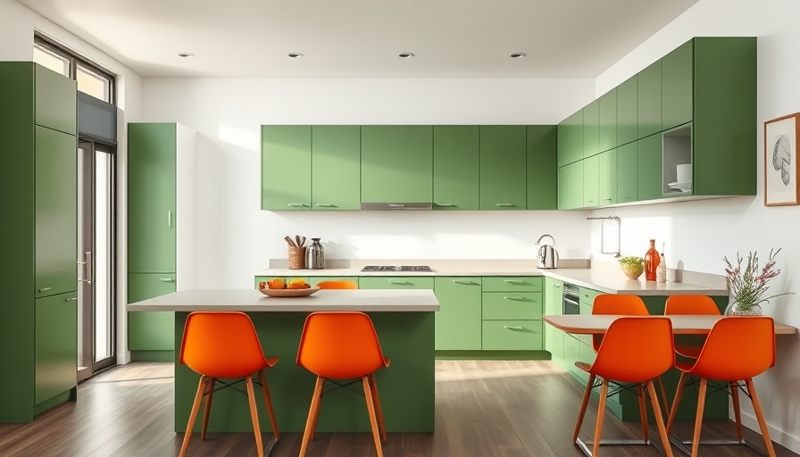 Modern color-stained kitchen with green cabinets and orange chairs.