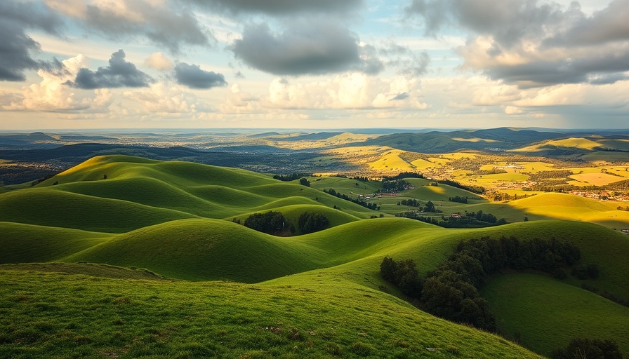 1970s California style landscape with rolling hills and golden sky.