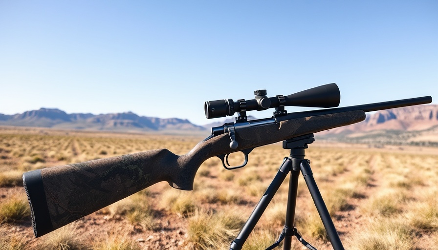Ultimate deer rifle on tripod in an open grassy field.