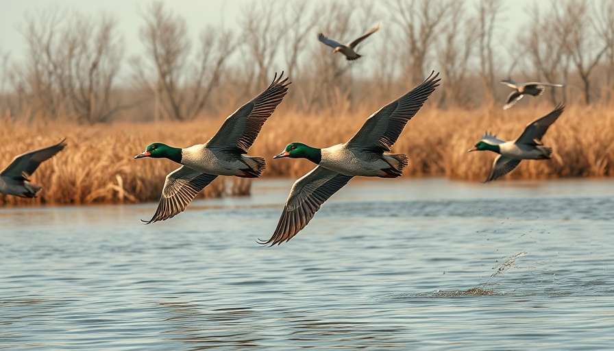 Vibrant waterfowl flying over a serene marshland, waterfowl hunting.