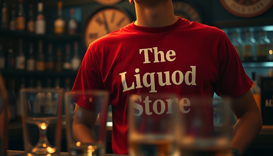 The Liquor Store on Broad shirt at bar with blurred drinks.