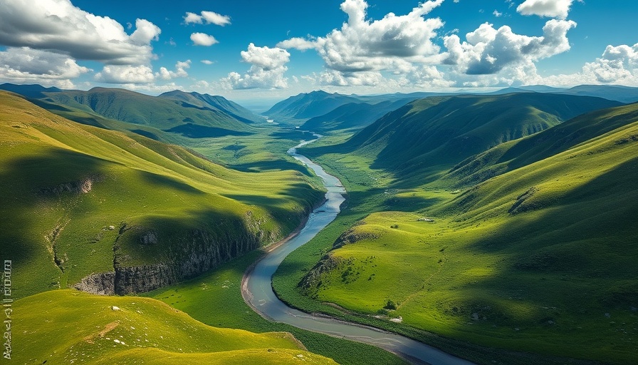 Aerial view of meandering river in lush valley, Protecting America's Public Lands.