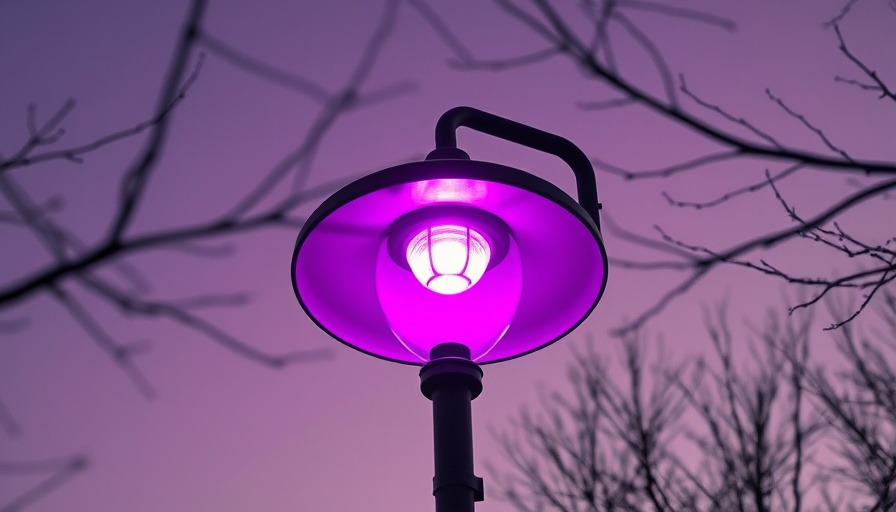 Purple street lights against a twilight sky