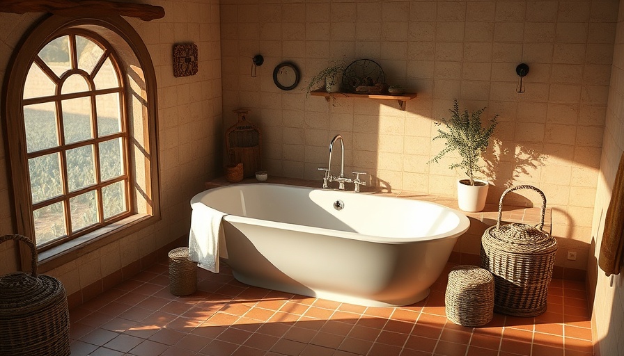 Elegant rustic sunken bath with terracotta tiles, sunken baths trend.
