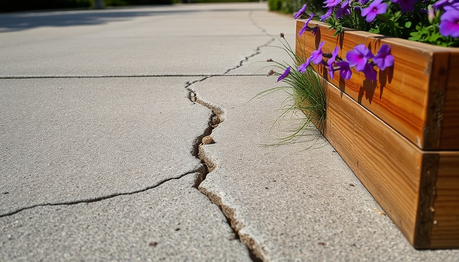 Visible driveway crack surrounded by purple flowers and planter.
