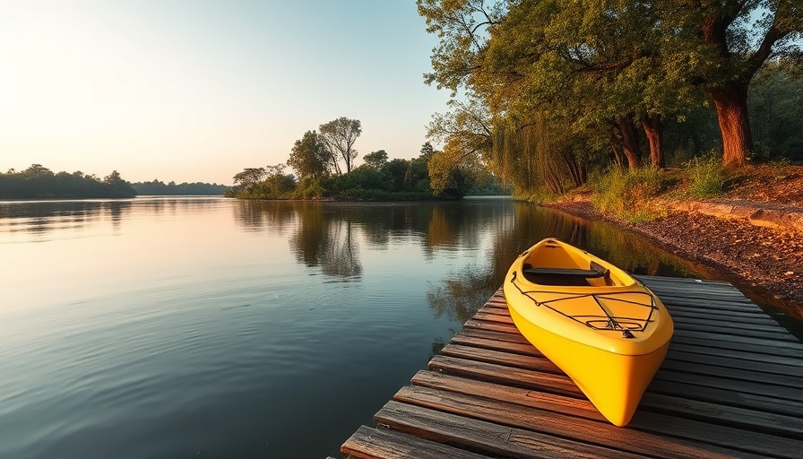 Riverside landscape with kayak at dock during sunset, garden design.