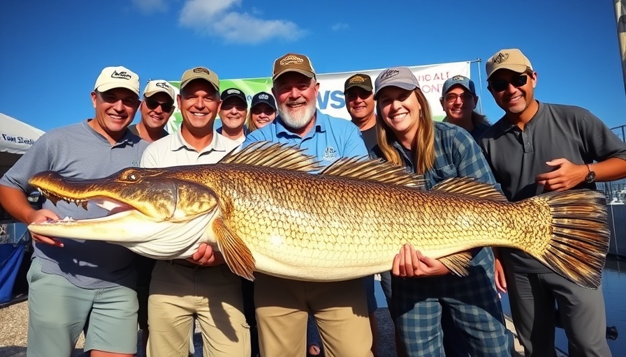 People with alligator gar at a fishing event, highlighting regulations.