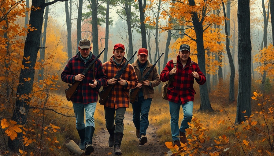 Public-land hunters in red jackets traversing autumn woods, traditional painting style.
