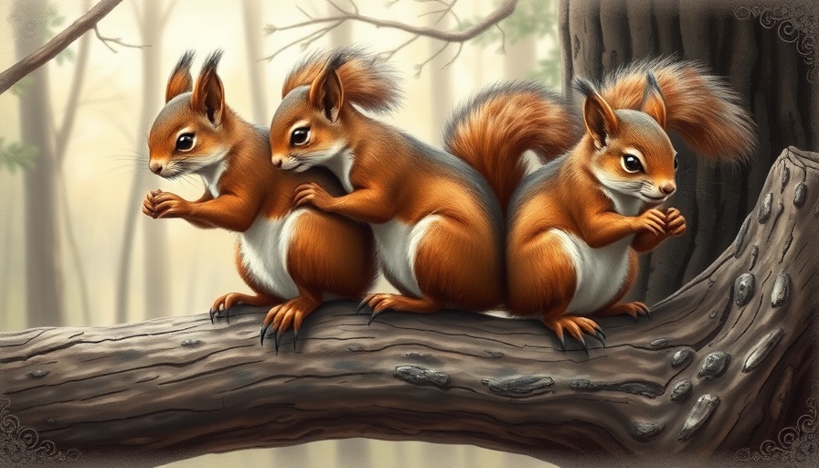 Vintage illustration of fox squirrels depicting natural behaviors in a forest.