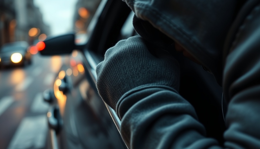 Hooded individual attempting car break-in, urban setting.