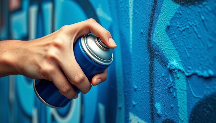 Close-up hand with spray paint, creating art on blue wall