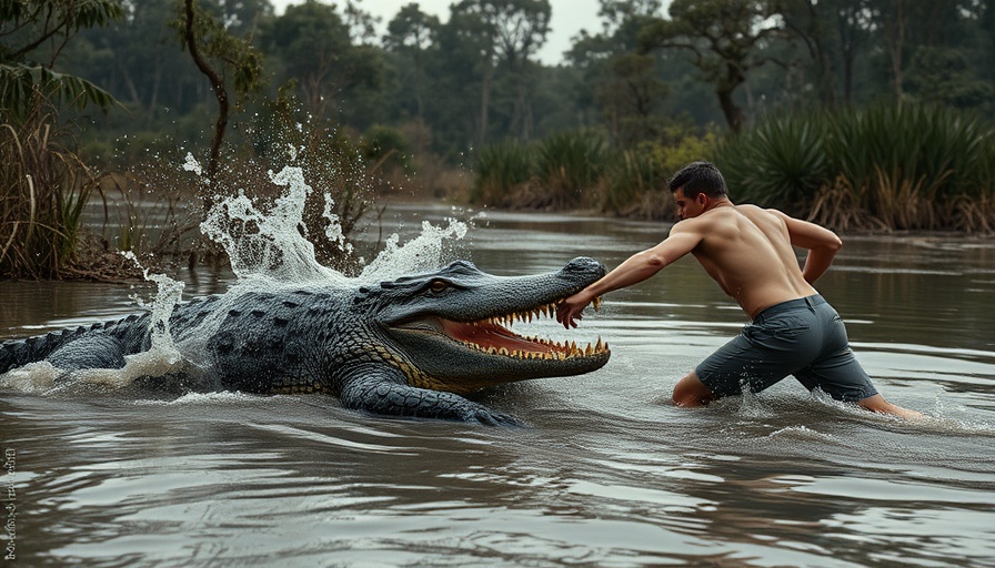 Alligator Safety in the Backyard illustrated in dramatic alligator encounter scene.