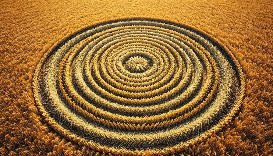 Aerial view of crop circle in wheat field showing causes of crop circles.