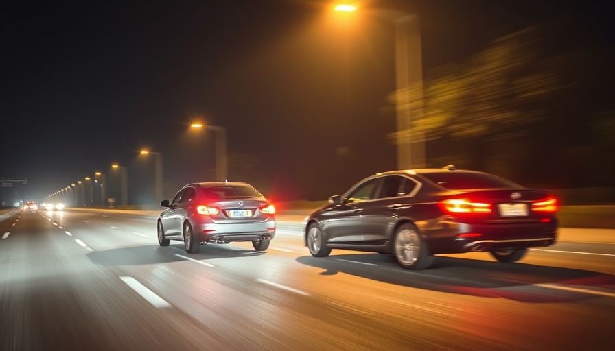 Nighttime road scene with moving cars illustrating hit-and-run community safety.