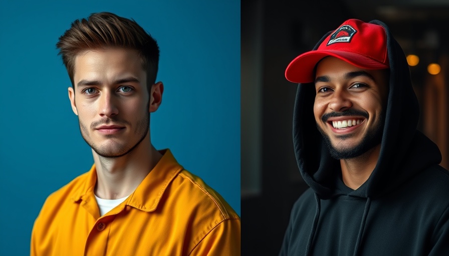Two men, one in a yellow jumpsuit, another in a red cap, neutral and smiling expressions.