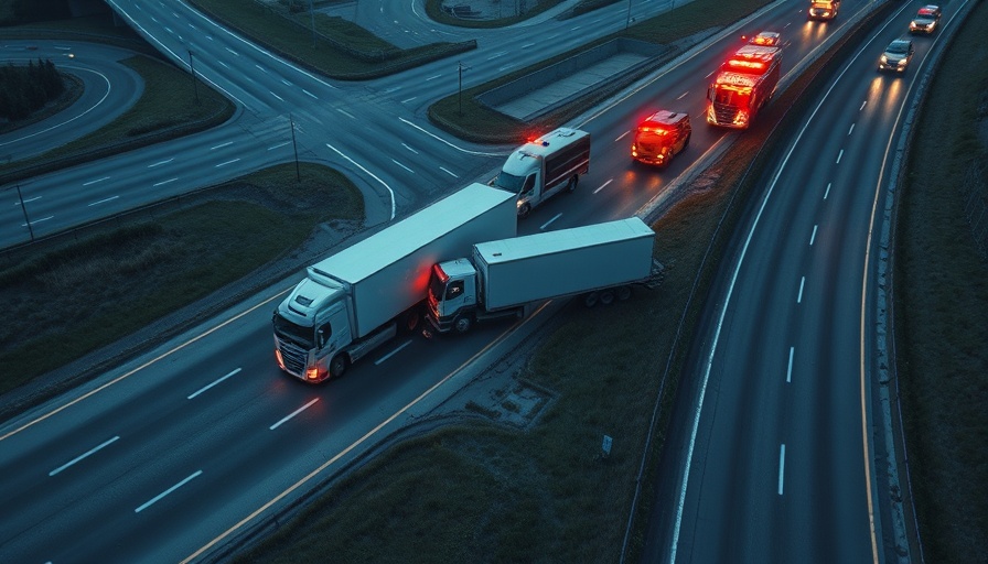 Aerial view of semi-truck accident on MidSouth highway interchange, low-light.