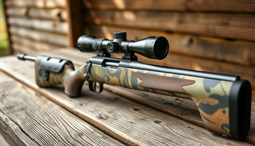 Affordable deer rifle setup with camo design on wooden table.