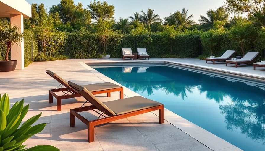 Inviting poolside space with chairs and lush greenery