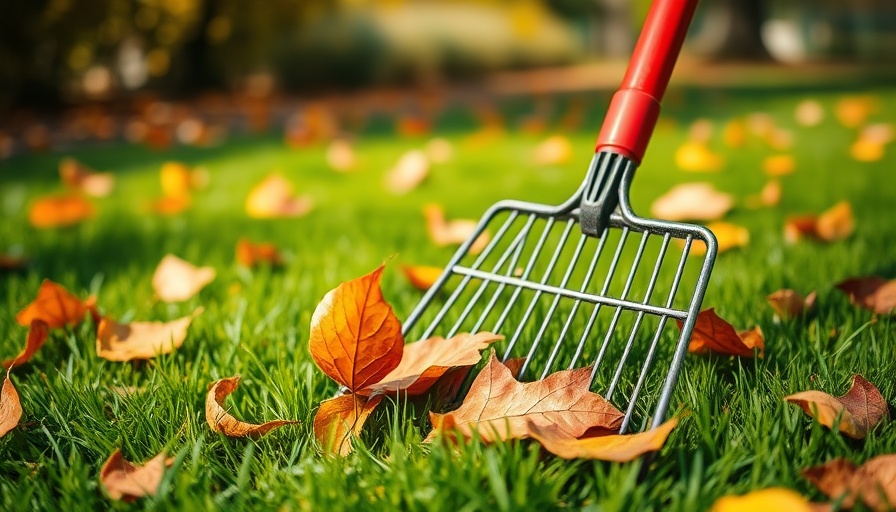 Benefits of leaving leaves on lawn shown with a garden rake on a sunny day.